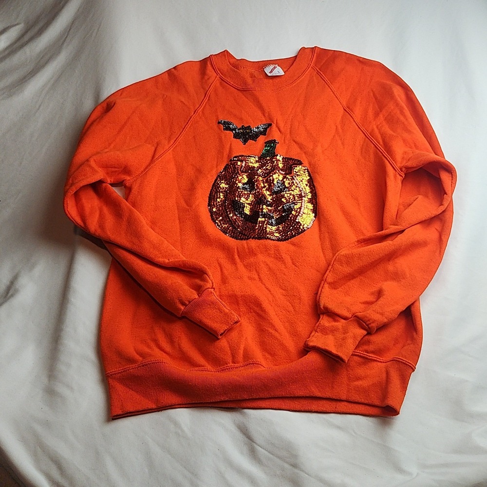 Jerzees Halloween Crewneck Sweatshirt Orange Sequin Pumpkin Size Large